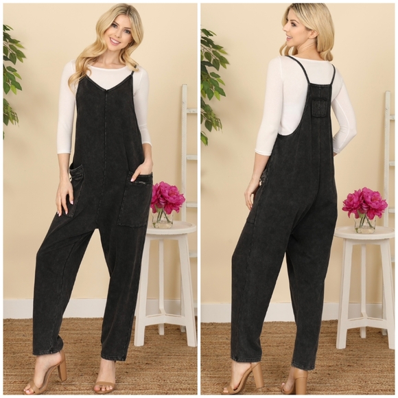 Ces Femme Washed Black Soft Knit Jumpsuit Overalls - Picture 4 of 7